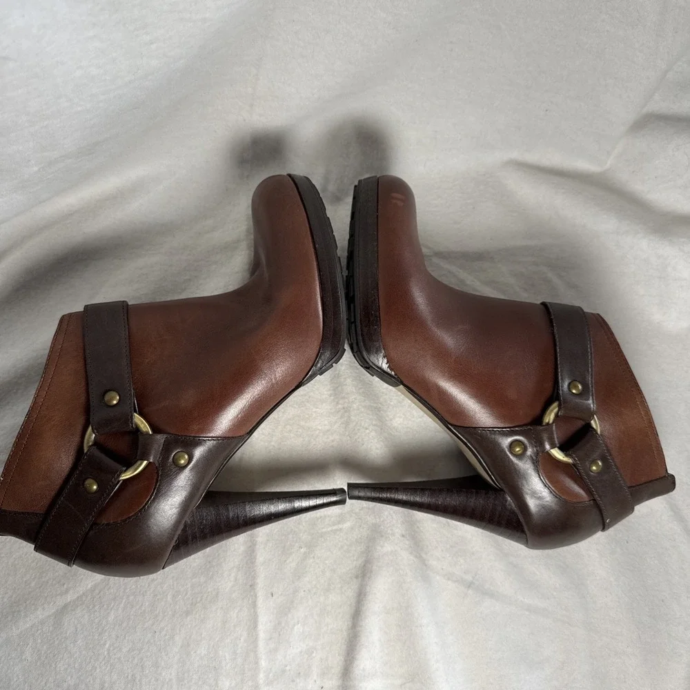 Cole Haan Ankle Boots High Heel Booties 2 Tone Brown Leather Side Zip Buckle 7.5